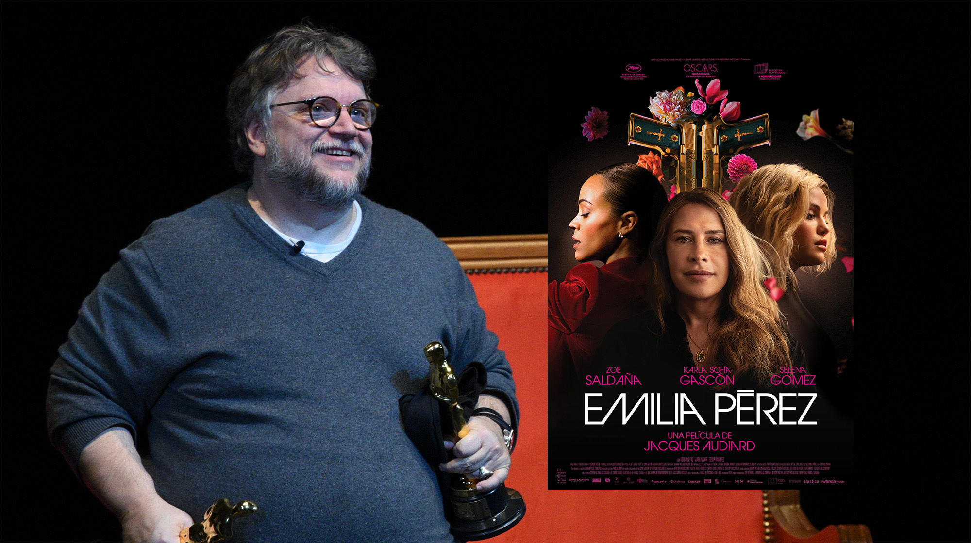 Del Toro y cartel de "Emilia Pérez"