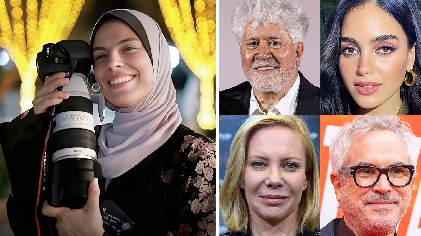 La asesinada Fatma Hassona, y a su lado Almodóvar, Barrera, Roth y Cuarón La asesinada Fatma Hassona, y a su lado Almodóvar, Barrera, Roth y Cuarón