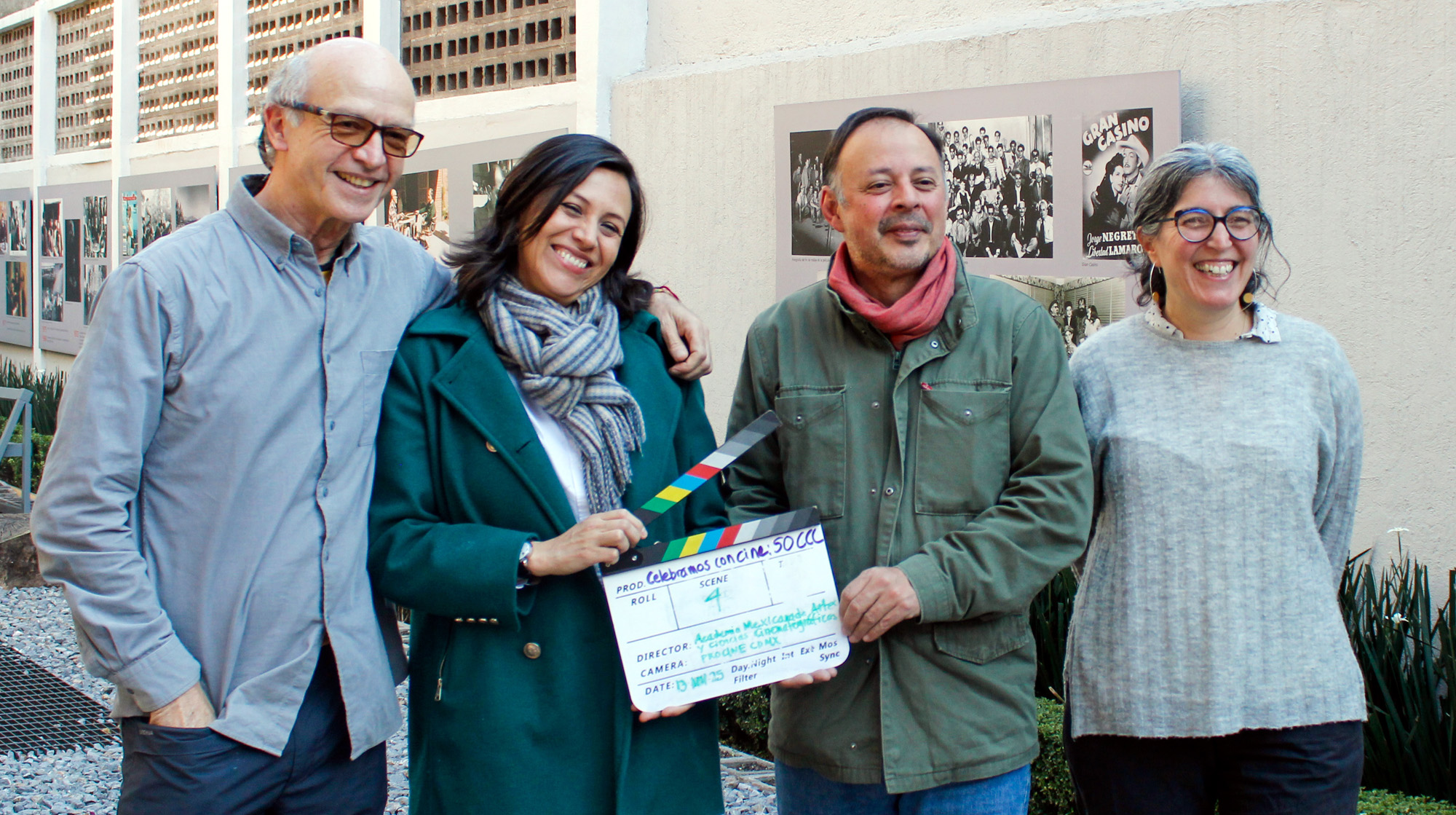 Juan Carlos Rulfo (director de El abuelo Cheno y otras historias), Dinorath Ramírez (Directora General del CCC), Daniel Hidalgo (Presidente de la AMACC) y Natalia Bruschtein (directora de Tiempo suspendido) en las instalaciones de la Academia Mexicana de Artes y Ciencias Cinematográficas.
