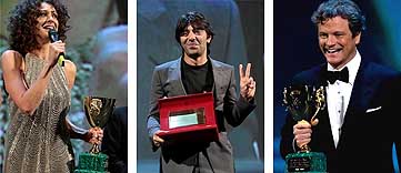 Rappoport, Akin y Firth, con sus premios (AP)